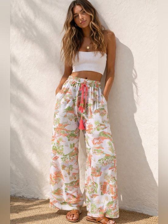 Cynthia Rowley Pants - Cynthia Rowley White Wide-Leg Linen Pants with Pink & Green Print